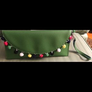 Main Street Clutch, Green with Pom Pom’s